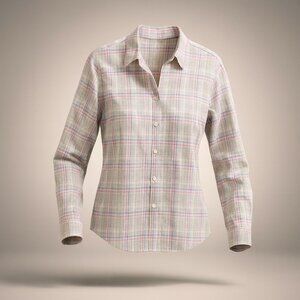 UNTUCKit Chasseles Cotton LS Shirt Lt Blue Green Pink Plaid Womens 6 Regular Fit